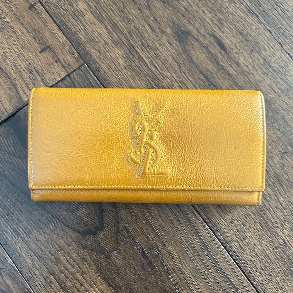 YSL Brown Yellow Belle de Jour Patent Leather Wallet Vintage and Authentic